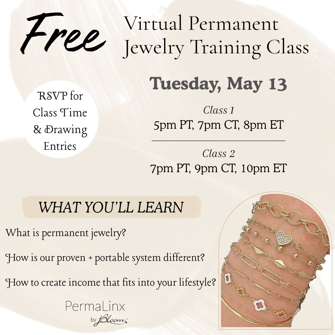 🚨 FREE Virtual Permanent Jewelry Class — yes, FREE! 🎉

Permanent jewelry is everywhere right now — and you’ve probably seen it popping up in salons, boutiques, and TikTok scrolls alike. Over 240,000 people Googled it in just one month! 🔥 Now it’s your turn to learn the secret behind this sparkly trend — without paying a dime for training. 🙌

✨ What You’ll Learn:
💰 How to get started for under $200
🛠️ The tools & materials (spoiler: way easier than you think)
⚡ Our ridiculously simple, 5-minute process

🗓️ Date: Tuesday, May 13th
🕗 Time Options: 8 PM EST or 10 PM EST
📍 Location: Zoom

This class is perfect for:
🎓 College students who want flexible income
💇‍♀️ Salon + boutique owners looking to add a trendy new service
👩‍👧 Stay-at-home moms craving a creative side hustle
✨ Anyone who loves jewelry, people, and pop-up vibes!

🚨 Spots are limited — grab your seat now!
👇 RSVP using the link in my bio.

Tag a friend who’s ready to make some lasting memories — and jewelry! 💫

#PermanentJewelryClass #JewelryBusinessTips #SideHustleLife #BusyMomLife #CreativeSideHustle #NoWeldJewelry #StainlessSteelJewelry #WorkFromHomeMom #JewelryTraining #SmallBusinessSupport #JewelryLover #BoyMomHustle #JBloomBiz #FlexibleIncomeOpportunity #MomsInBusiness