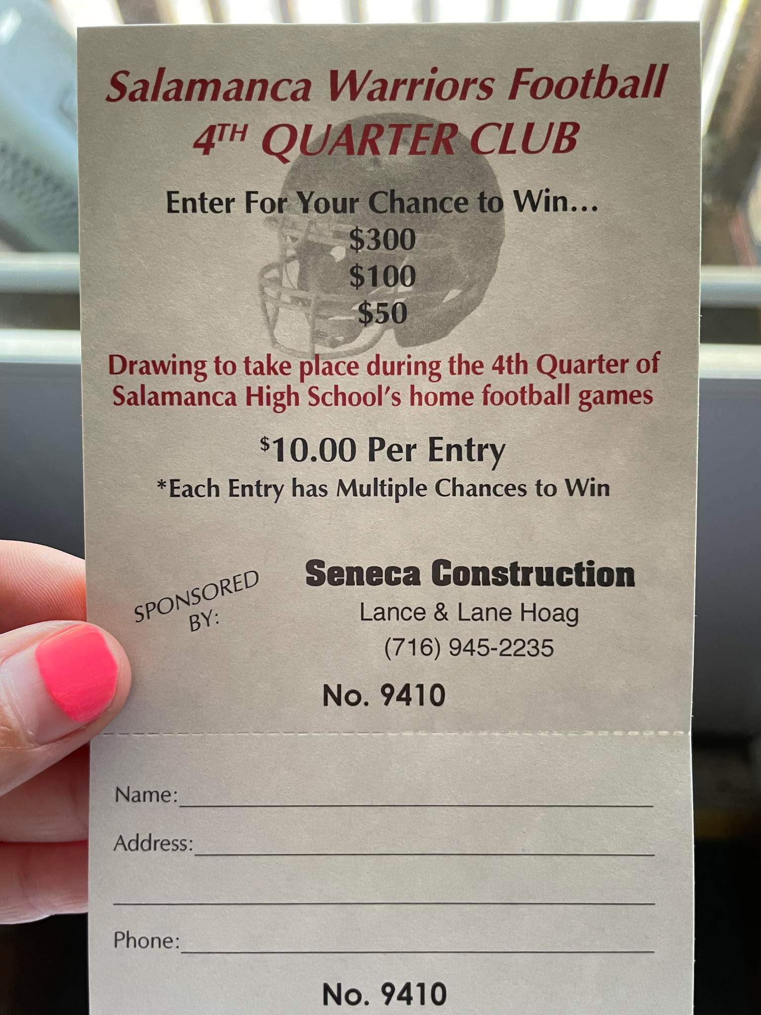 Good morning all!

We have 10 4th Quarter Club tickets to sell for this upcoming football season. They’re $10 each. Every home game 3 winners will be drawn to win $300, $100, and $50. 

You do not need to be present or local to win. 

If you’d like to support Conner and the rest of the Warriors, you can Venmo, PayPal, or pay cash!

Venmo @Tisha-Seeley
PayPal tisha384@gmail.com

Thank you for supporting our boys! ❤️🩶🏈